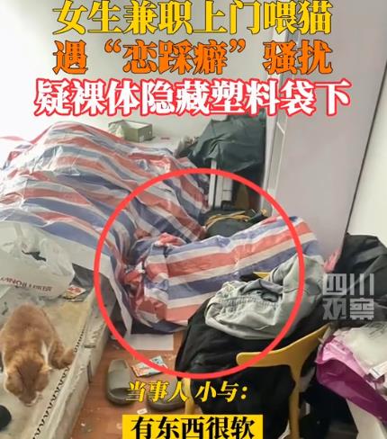 女生兼职上门喂猫遭恋踩癖骚扰 男子疑似裸体隐藏在塑料袋下